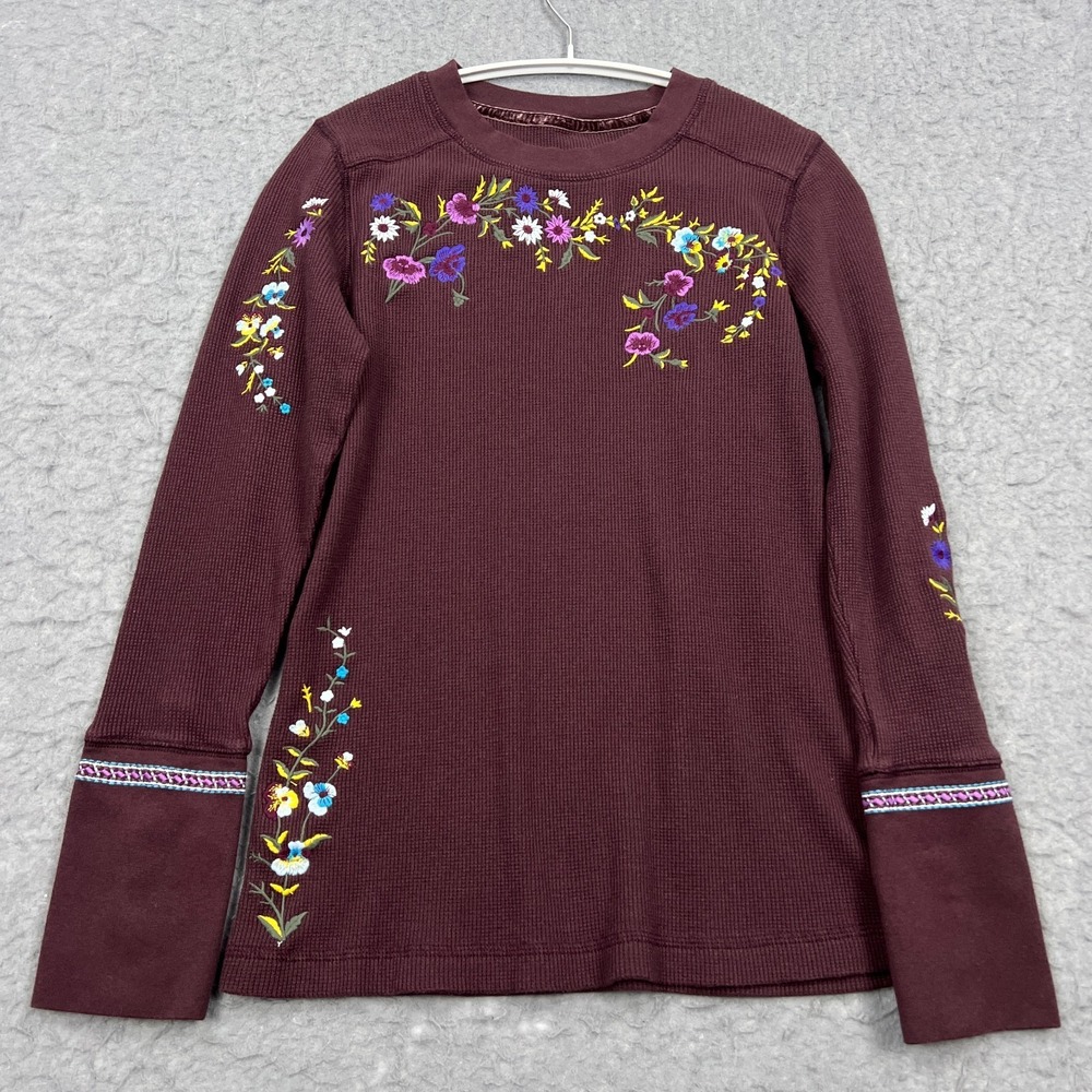 Sundance Waffle Thermal Top Women's Small* Purple Floral Embroidered Long Sleeve